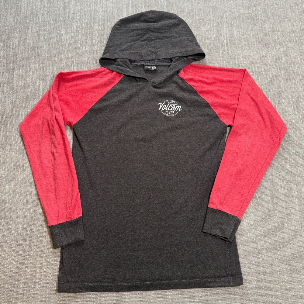 Volcom Stone Boys Youth XL Hoodie Raglan Long Sleeve Shirt Grey Red Skater Tee